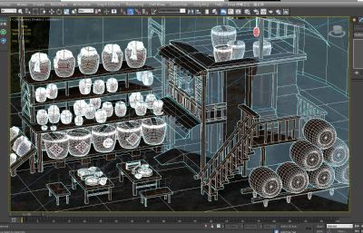 中式木桶酒坊,酒馆,客栈3D模型,MAX,MB两种格式