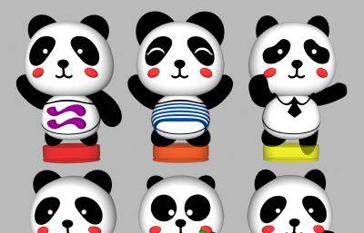 百变卡通熊猫玩具公仔组合3D模型,MAX,MB,FBX,ZPR,SKP等多种格式