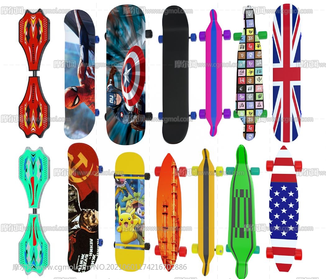 滑板,游龙版,冲浪板,玩具板组合3D模型,MAX,MB,SKP等多种格式