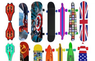 滑板,游龙版,冲浪板,玩具板组合3D模型,MAX,MB,SKP等多种格式
