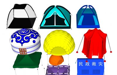 户外帐篷,救灾遮阳棚,蒙古包组合3D模型,MAX,ZPR,SKP多种格式
