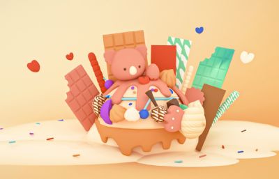 小熊,冰淇淋巧克力玩具,61儿童节海报C4D模型,Octane渲染