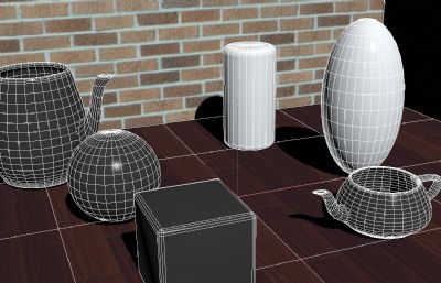 金属茶壶玻璃摆件静物场景3D模型,标注材质