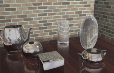 金属茶壶玻璃摆件静物场景3D模型,标注材质