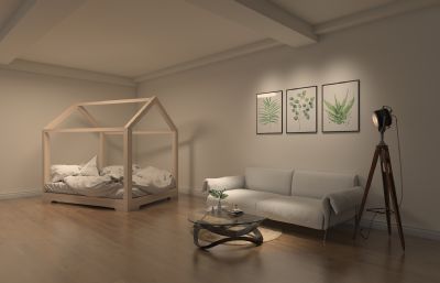 单身公寓室内客厅房间场景3D模型(网盘下载)