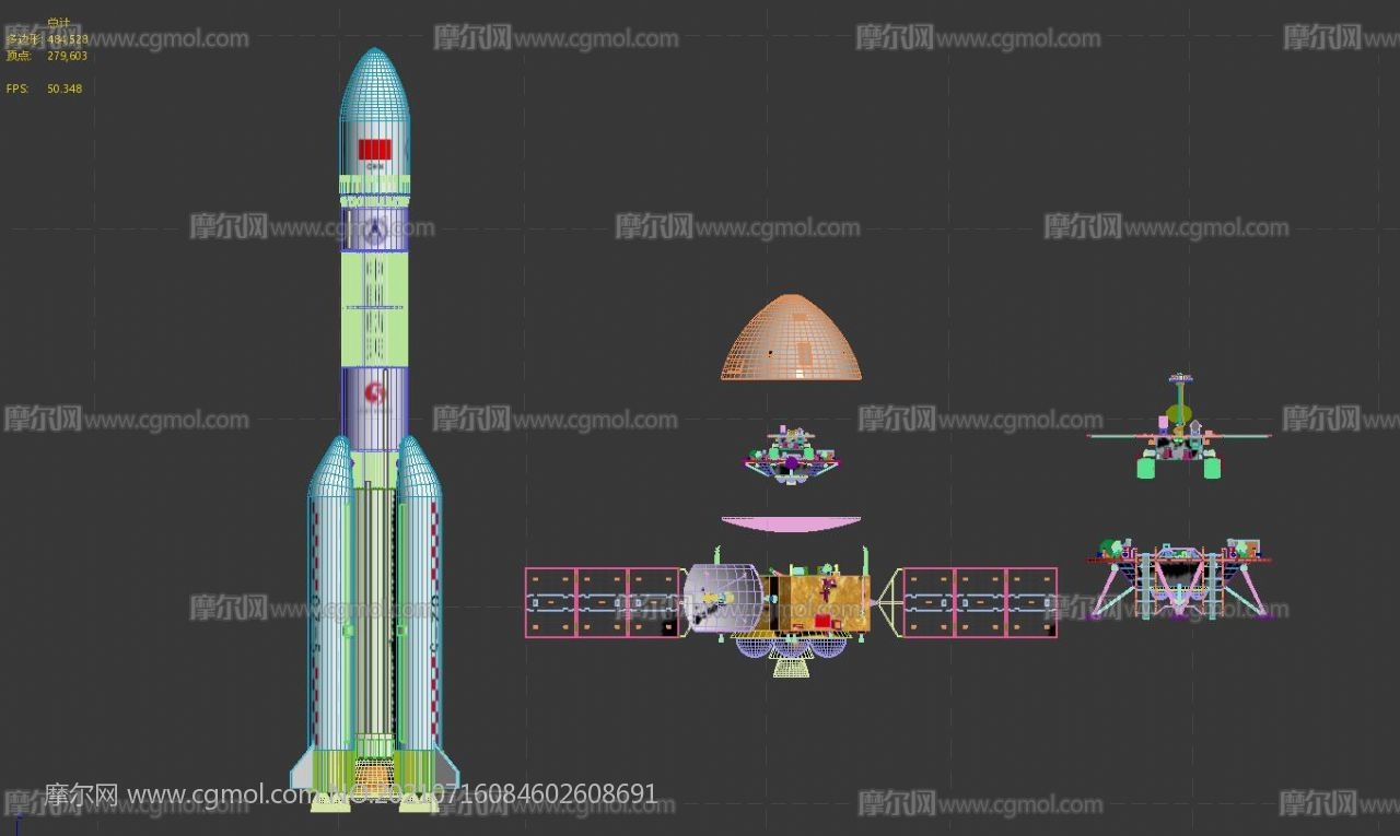 天问一号搭载祝融号火星车+环绕器+长征5号运载火箭3D模型