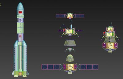 嫦娥五号带上升器,着陆器,返回器,轨道器和长征五号火箭3D模型