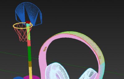 头戴式耳机+手机+微型篮球架篮球组合OBJ格式模型素模
