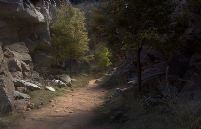 山谷峡谷,悬崖壁,山谷谷底场景maya模型,redshift渲染(网盘下载)