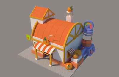 卡通风格橙汁榨汁店,冷饮店3D模型