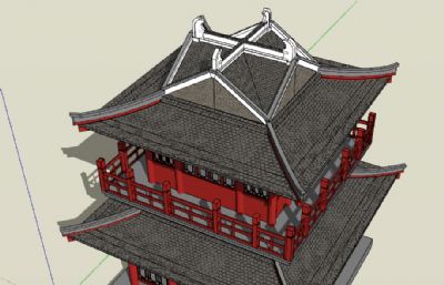 中式方形两层休闲凉亭,古代酒楼su模型