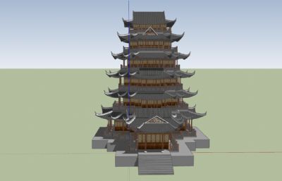 中式寺庙,六层塔楼古建筑su模型