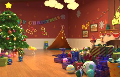 圣诞节庆典节日房间,圣诞节儿童房间圣诞树,礼物等装饰场景maya模型(网盘下载)