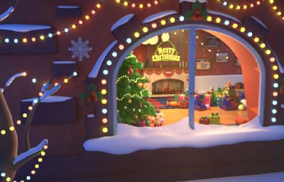 圣诞节庆典节日房间,圣诞节儿童房间圣诞树,礼物等装饰场景maya模型(网盘下载)