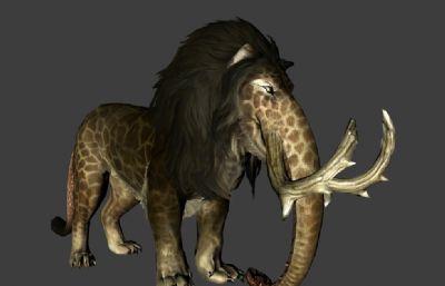 豹狮象三不像怪物怪兽C4D模型,带各种动画