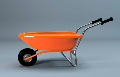 橘黄色独轮车,橙色小推车3D模型,C4D,FBX,3DS,OBJ等格式,redshift材质渲染