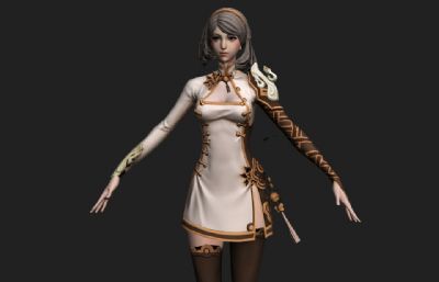 古代皇族公主,复古高挑旗袍女孩3D模型,MAX,ZTL格式,max文件带贴图绑定