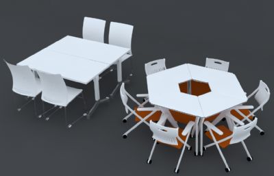 方形办公桌+六边形办公桌3D模型,VRAY材质