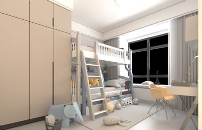 小孩房间,儿童卧室上下铺设计3D模型素模