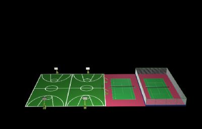 篮球场,网球场,羽毛球场,学校运动场设计3D模型