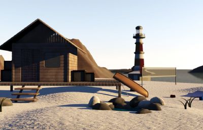 海滩上的灯塔,守塔人木屋场景C4D模型