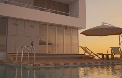 别墅游泳池太阳伞整体构造C4D模型,VARY材质渲染