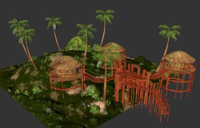 热带海岛小岛茅草屋场景模型,OBJ格式