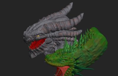 黑龙+绿龙嘶吼头部雕像3D模型,FBX格式