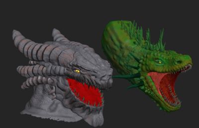 黑龙+绿龙嘶吼头部雕像3D模型,FBX格式