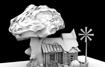 古树相伴的卡通风车木屋maya模型素模