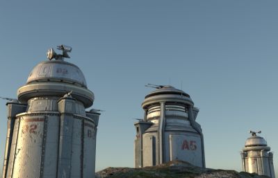 科幻山顶防空系统,近防堡垒防御场景3D模型,vray渲染