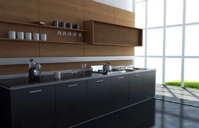 现代开放式厨房设计,轻奢厨房C4D模型,VRAY渲染,有材质贴图