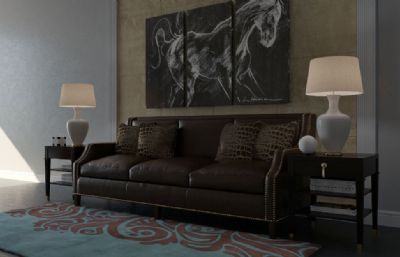深色系简欧沙发+角几组合,客厅场景3D模型