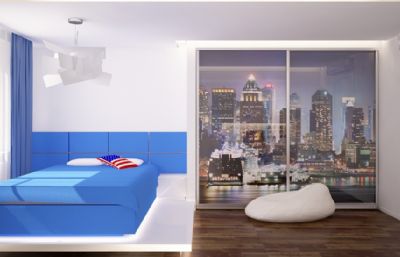 蓝白配色小孩房间,孩子卧室C4D模型