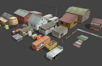 乡村小镇房子场景建筑3D模型低模,OBJ格式