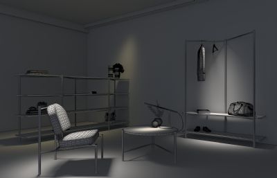 桌椅衣架架子组合整体场景3D模型