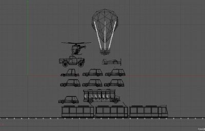 Low poly低面风格载具C4D模型,飞机,热气球,高铁,校车灯