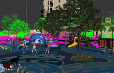 小区儿童游乐园,儿童娱乐设施场景3D模型(网盘下载)