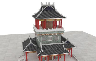 古代塔楼,徽派建筑瞭望塔,鼓楼古楼3D模型