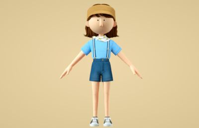 戴遮阳帽的蓝色短裤女孩C4D模型