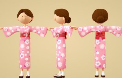 日本和服女孩,卡通樱花服女子C4D模型