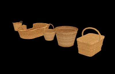 竹篮,竹筐,编织篮子组合3D模型,MAX,FBX格式