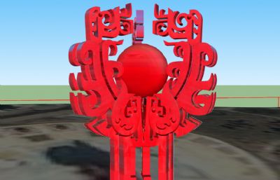 中式红色鼎状雕塑SU模型