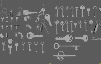 几十把钥匙,钥匙扣,老钥匙,古代钥匙,铜钥匙组合maya模型(网盘下载)