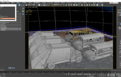 屋顶破旧汽车,生锈环卫车,小车堆放区场景3D模型(网盘下载)