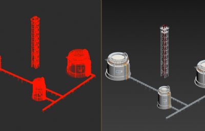 LNG液化天然气存储罐+火炬组合3D模型