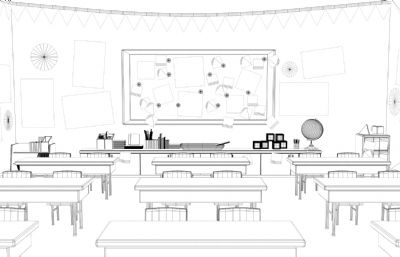 卡通教室内部场景模型,MB,MAX,FBX多种格式