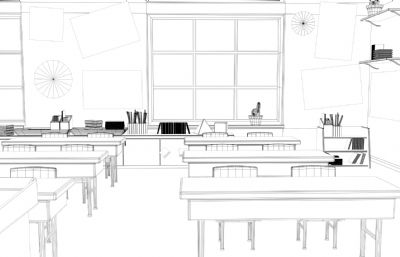 卡通教室场景模型,MB,MAX,FBX,OBJ等格式,桌子贴图无木纹效果
