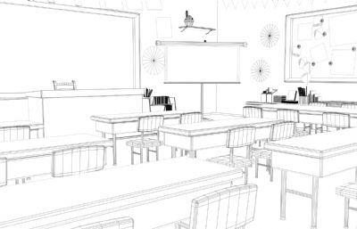 卡通教室场景模型,MB,MAX,FBX,OBJ等格式,桌子贴图无木纹效果