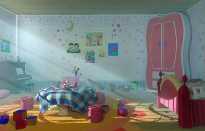 卡通卧室,小孩房间,玩具书桌场景模型,MB,MAX,FBX,OBJ等格式(网盘下载)